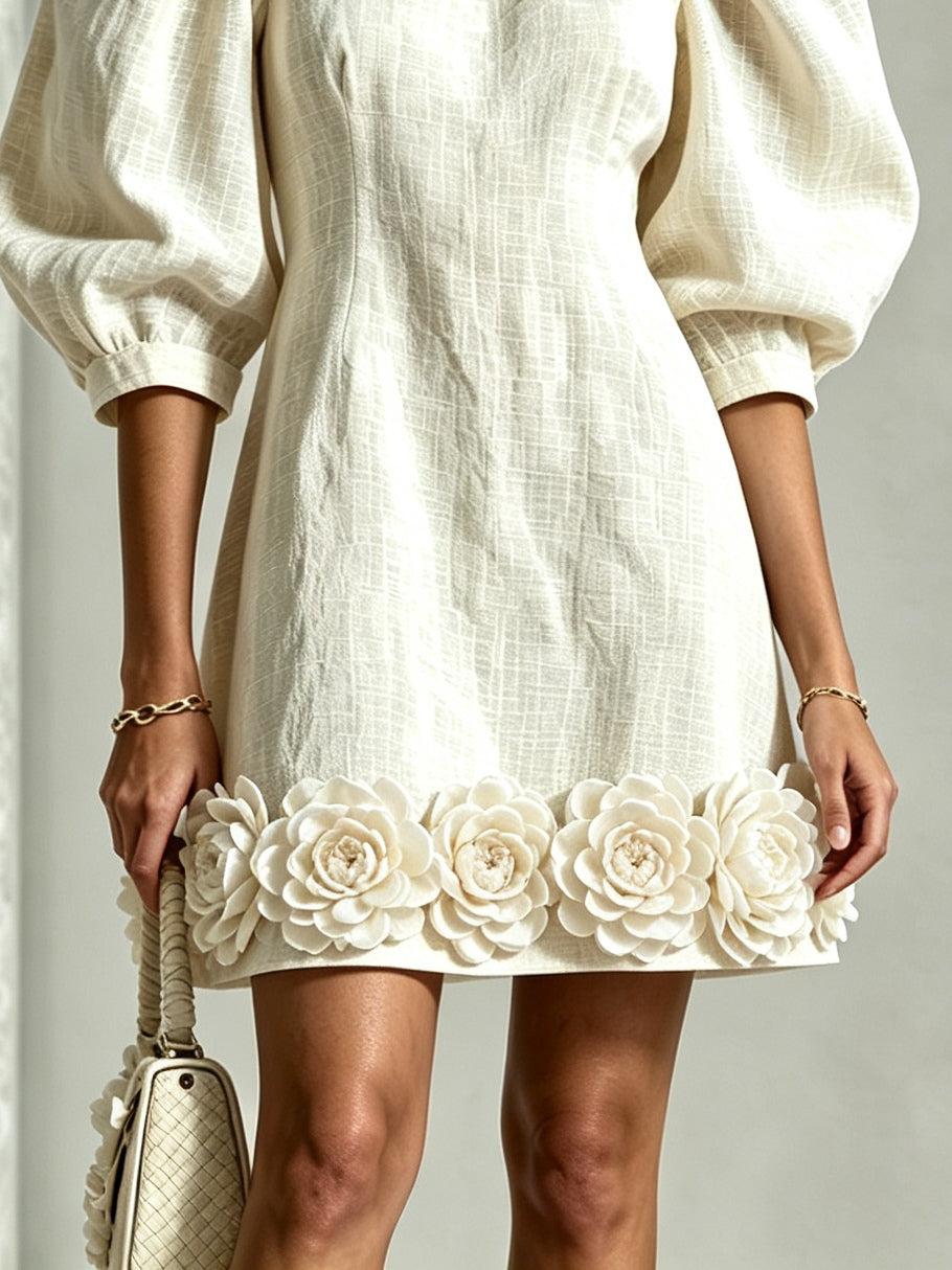 Aisha – Puff-Sleeve Mini Dress with Floral Hem