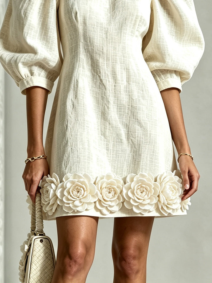 Aisha – Puff-Sleeve Mini Dress with Floral Hem