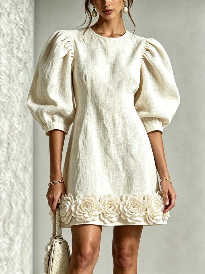 Aisha – Puff-Sleeve Mini Dress with Floral Hem