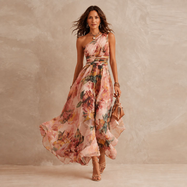 Adele – Asymmetric Floral Print Maxi Dress