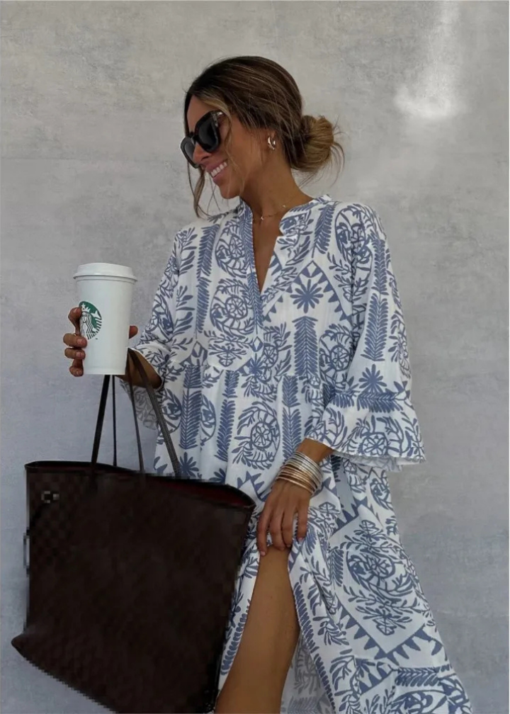 Demi – Oversized Linen Midi Dress with Boho Print