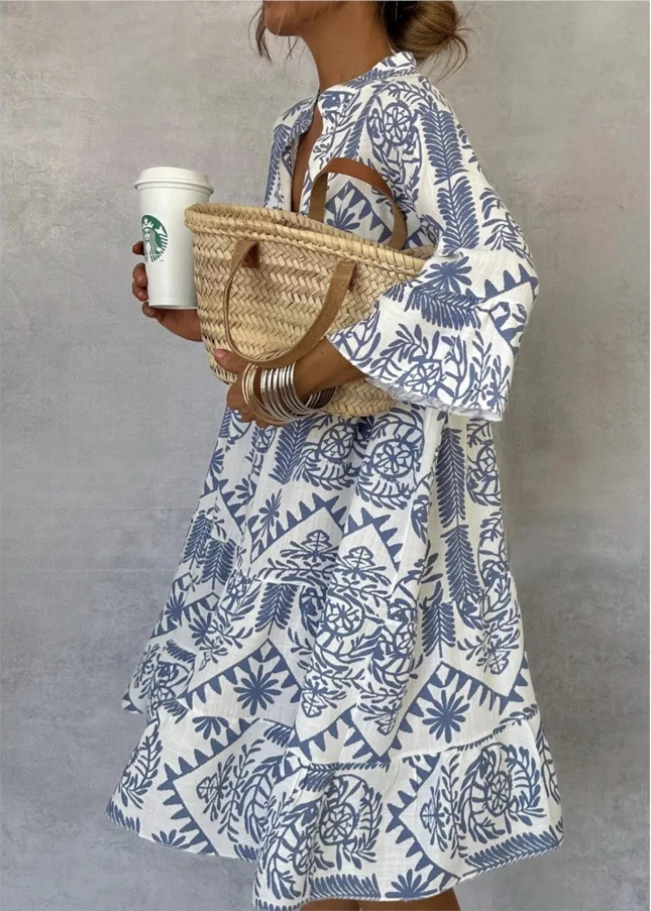 Demi – Oversized Linen Midi Dress with Boho Print