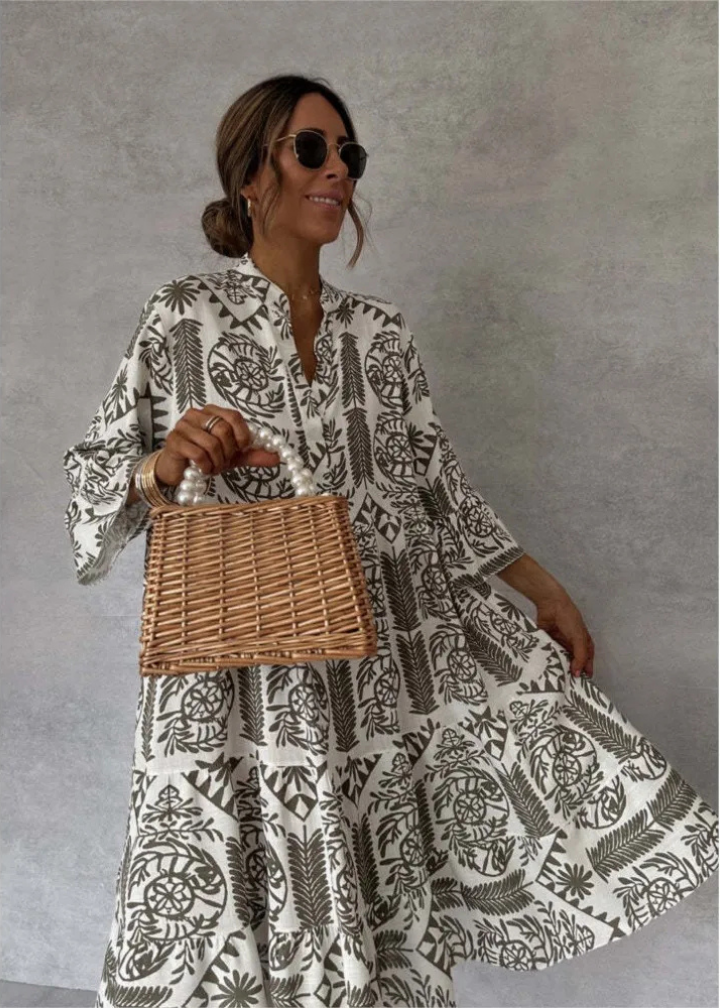 Demi – Oversized Linen Midi Dress with Boho Print