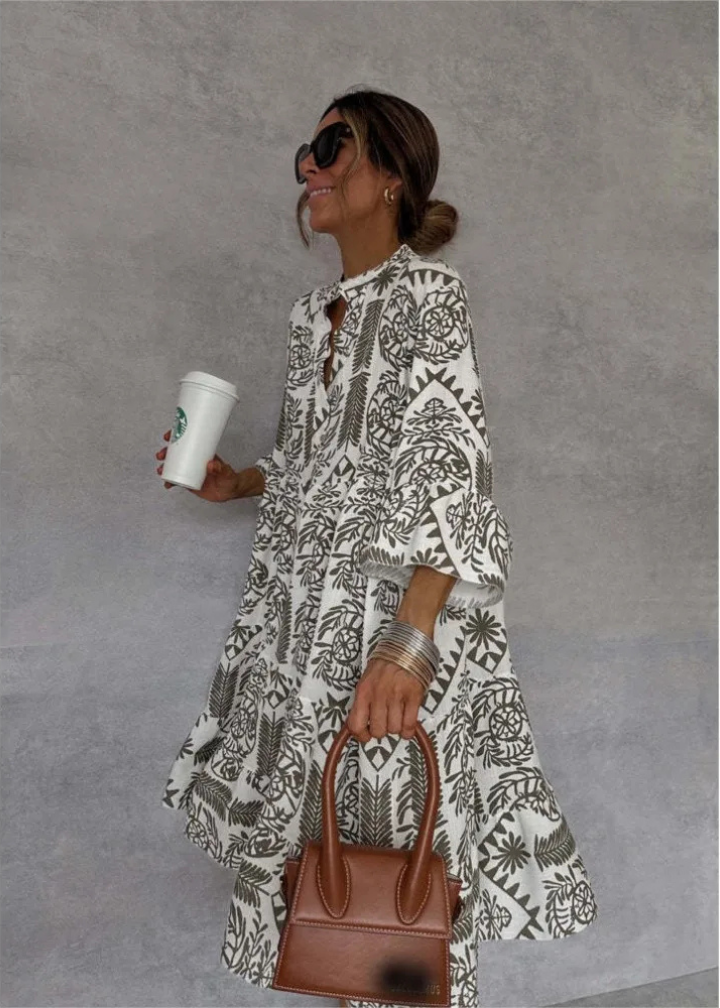 Demi – Oversized Linen Midi Dress with Boho Print
