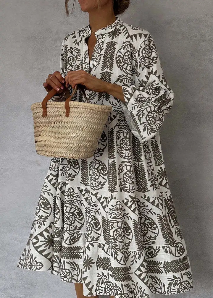 Demi – Oversized Linen Midi Dress with Boho Print