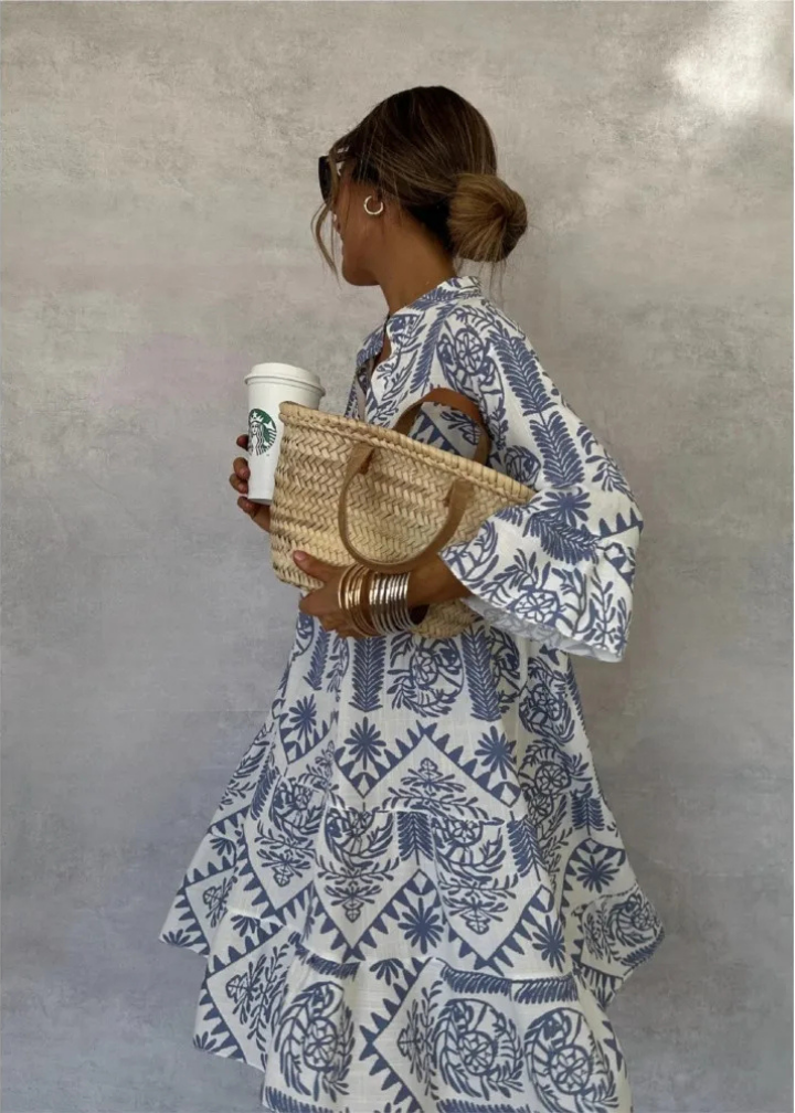 Demi – Oversized Linen Midi Dress with Boho Print