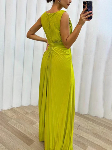 Nina – Sleeveless Satin Maxi Dress with Pleated Detail and Side Slit