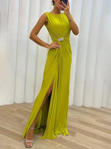 Nina – Sleeveless Satin Maxi Dress with Pleated Detail and Side Slit