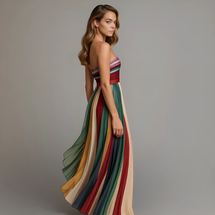 Bianca – Strapless Pleated Maxi Dress in Multicolor Chiffon