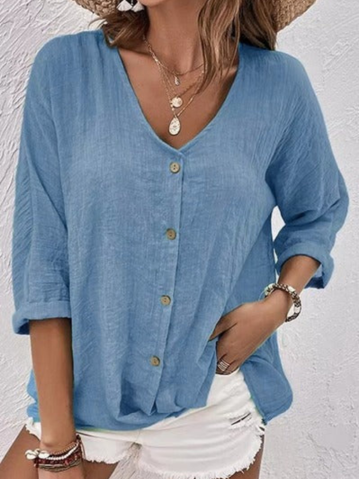 Selena – Casual Cotton V-Neck Button-Down Top
