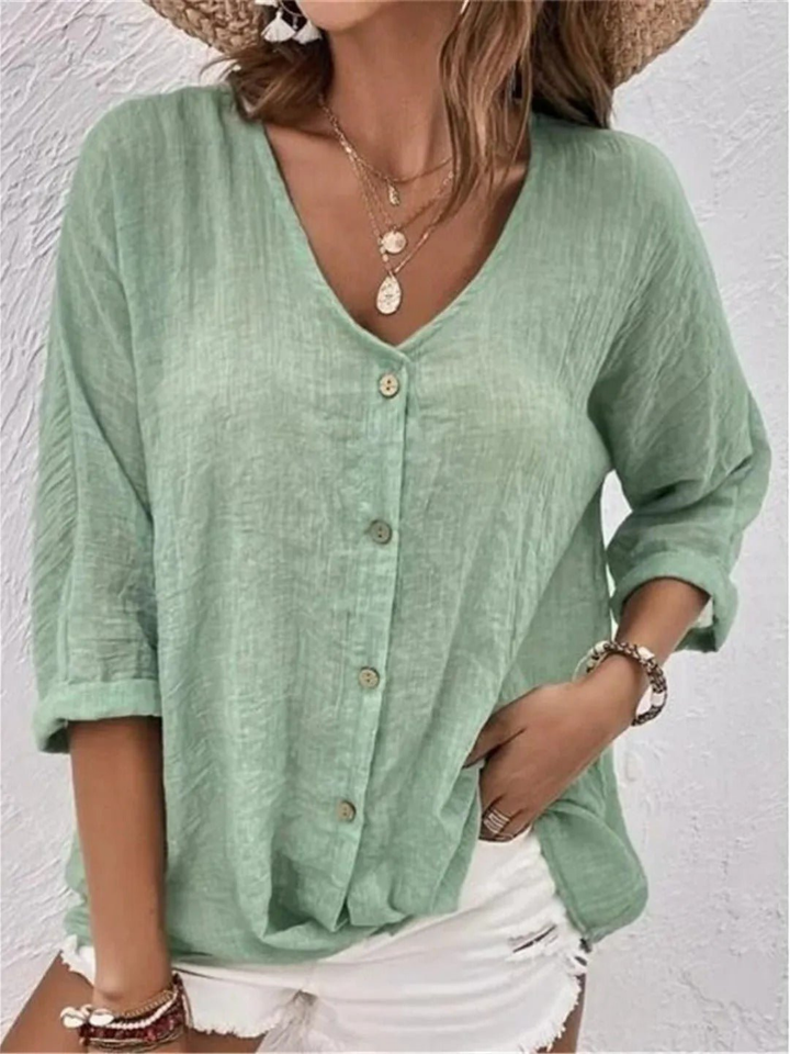 Selena – Casual Cotton V-Neck Button-Down Top