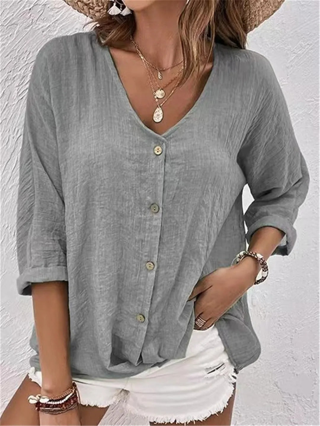 Selena – Casual Cotton V-Neck Button-Down Top