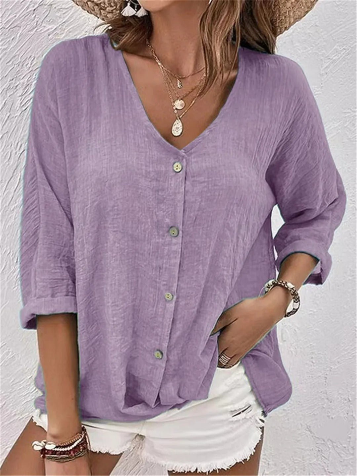 Selena – Casual Cotton V-Neck Button-Down Top