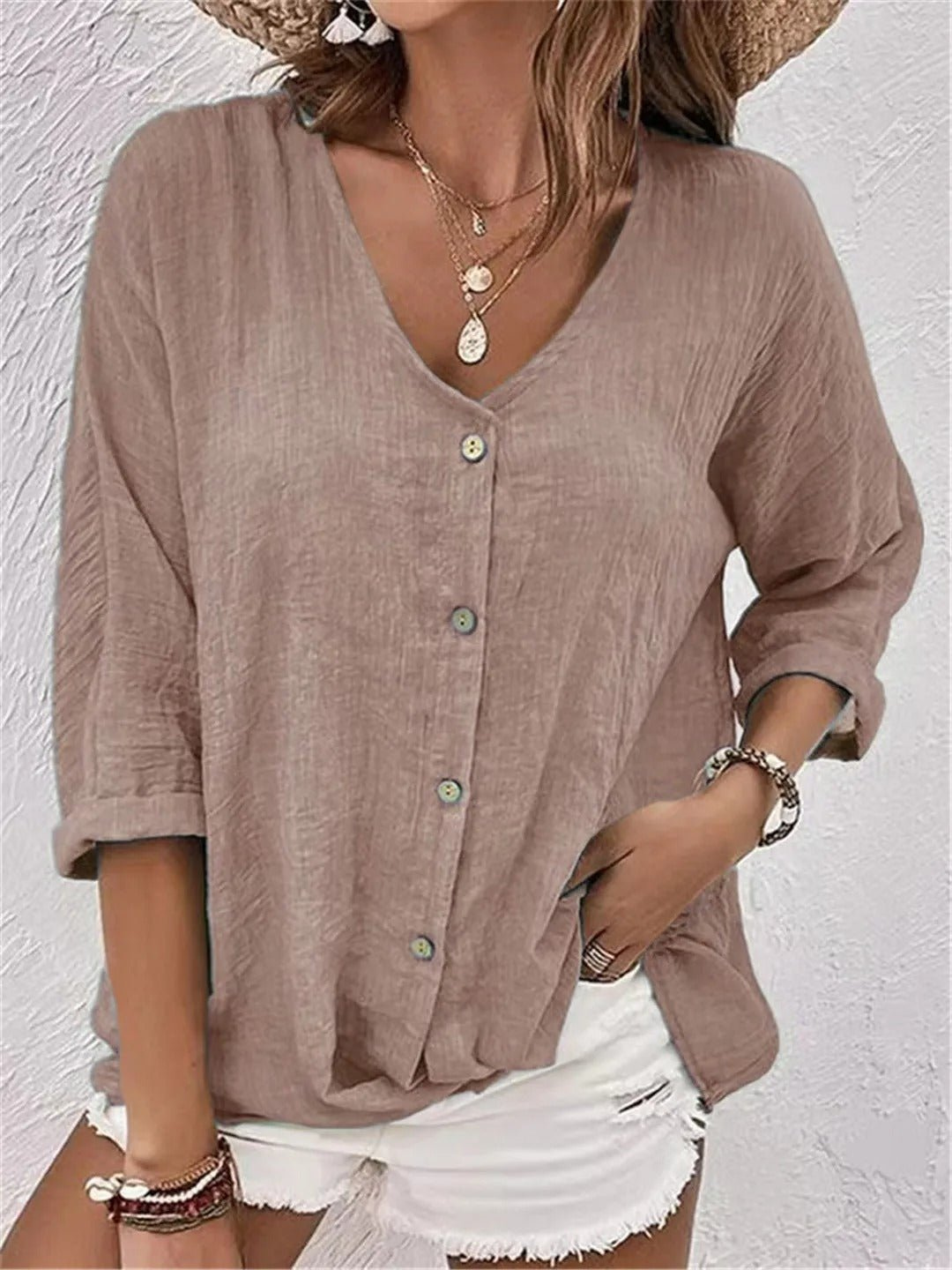 Selena – Casual Cotton V-Neck Button-Down Top