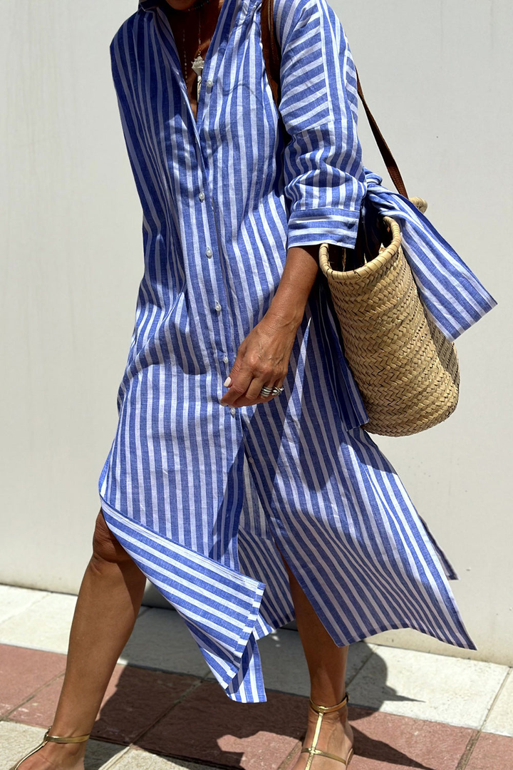 Elsie – Striped Linen Button-Down Midi Dress
