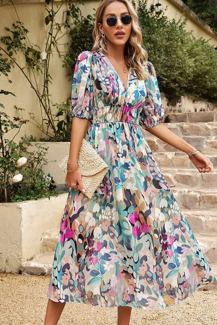 Delilah – Floral Chiffon Midi Dress with Puff Sleeves
