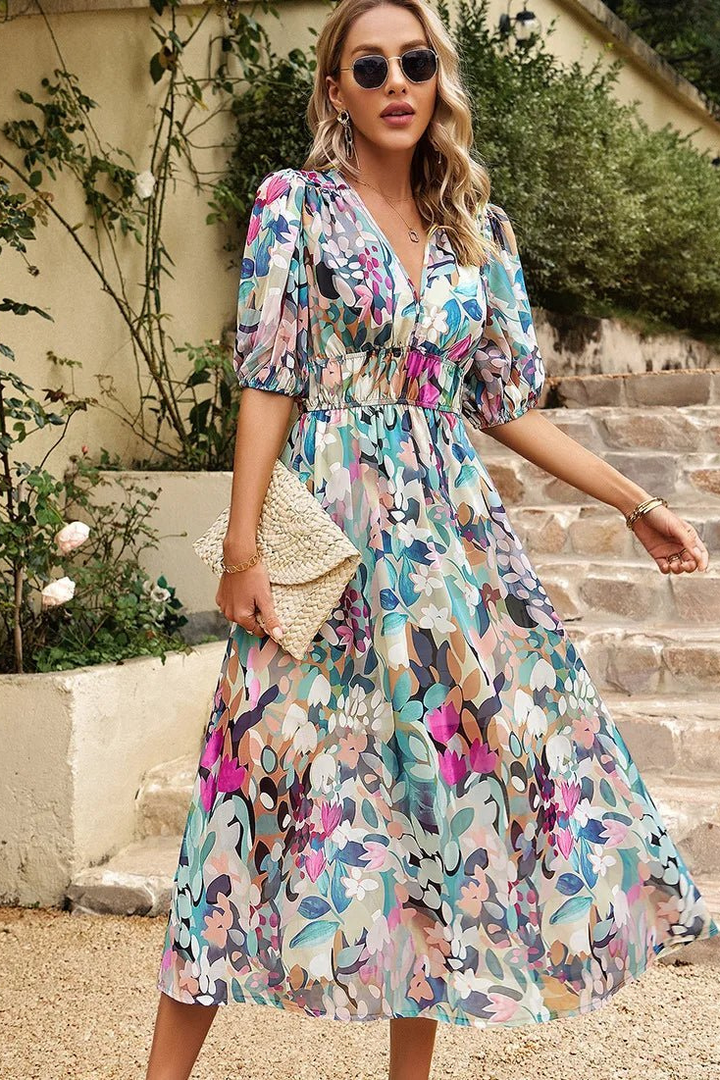 Delilah – Floral Chiffon Midi Dress with Puff Sleeves