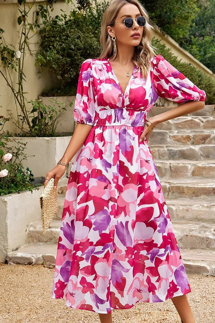 Delilah – Floral Chiffon Midi Dress with Puff Sleeves