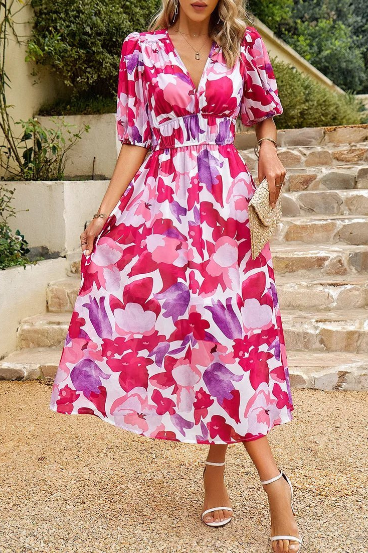 Delilah – Floral Chiffon Midi Dress with Puff Sleeves