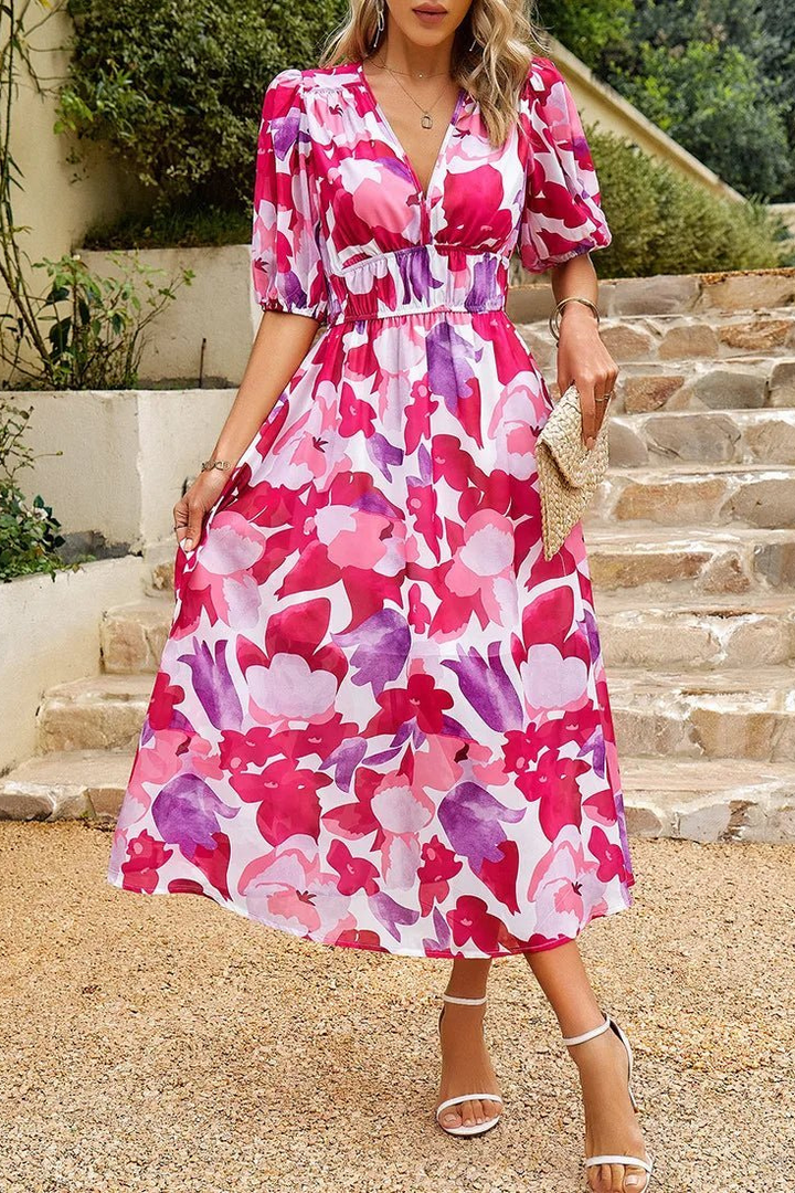 Delilah – Floral Chiffon Midi Dress with Puff Sleeves