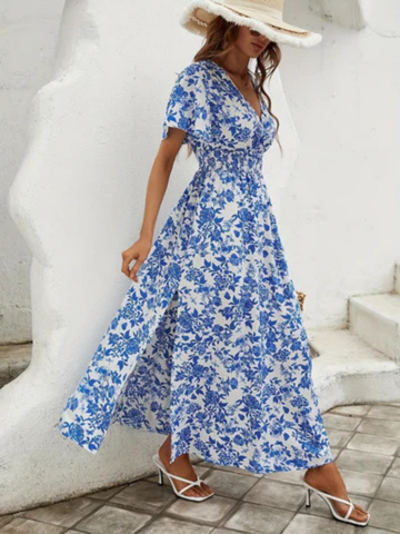 Demi – Blue Cotton Floral Maxi Dress with Smocked Waist and Flutter Sleeves