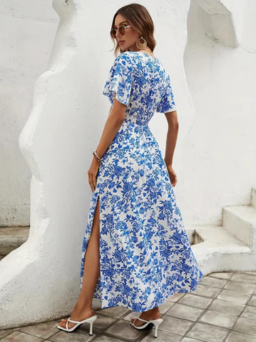 Demi – Blue Cotton Floral Maxi Dress with Smocked Waist and Flutter Sleeves