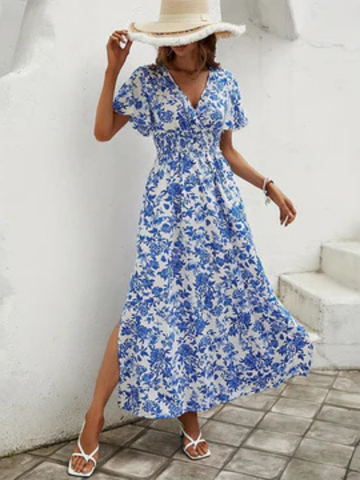 Demi – Blue Cotton Floral Maxi Dress with Smocked Waist and Flutter Sleeves