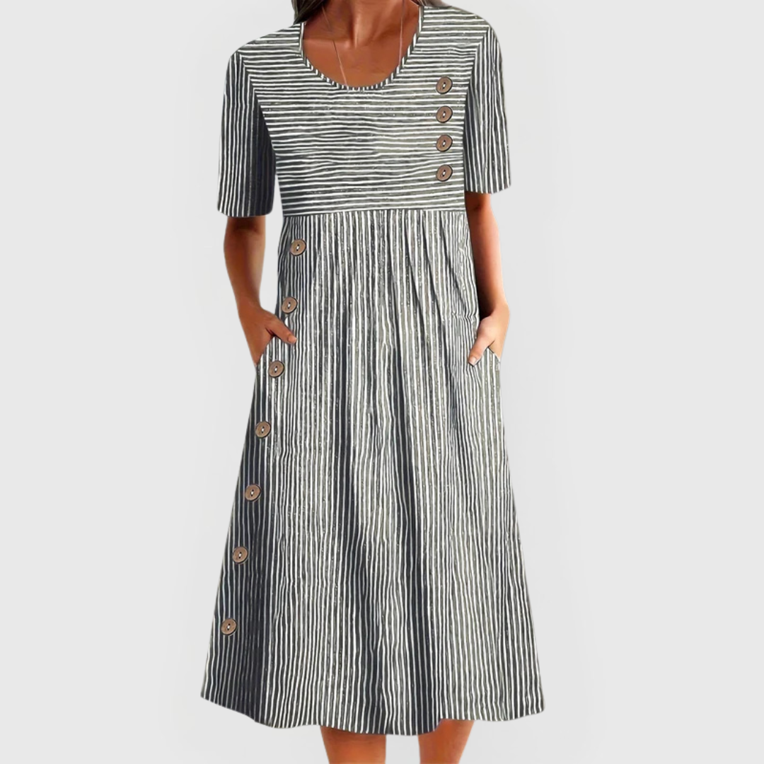 Delilah – Striped Linen Midi Dress with Scoop Neck and Buttons