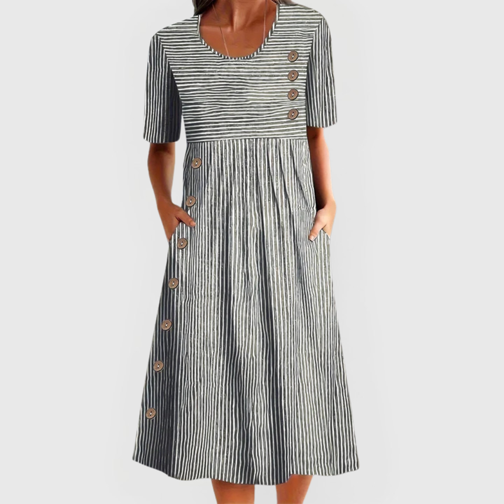 Delilah – Striped Linen Midi Dress with Scoop Neck and Buttons