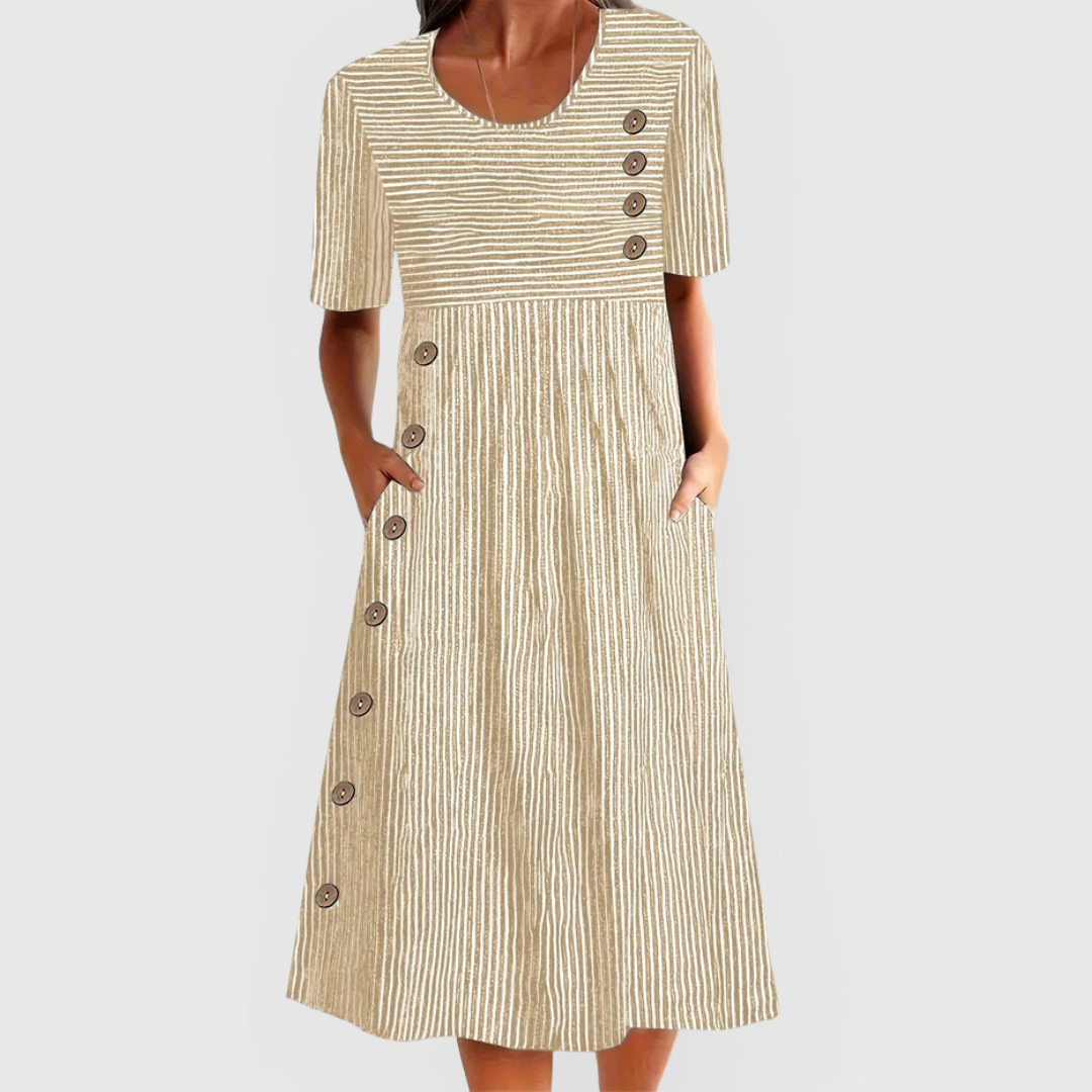 Delilah – Striped Linen Midi Dress with Scoop Neck and Buttons