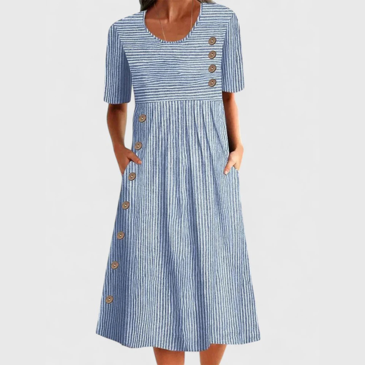 Delilah – Striped Linen Midi Dress with Scoop Neck and Buttons
