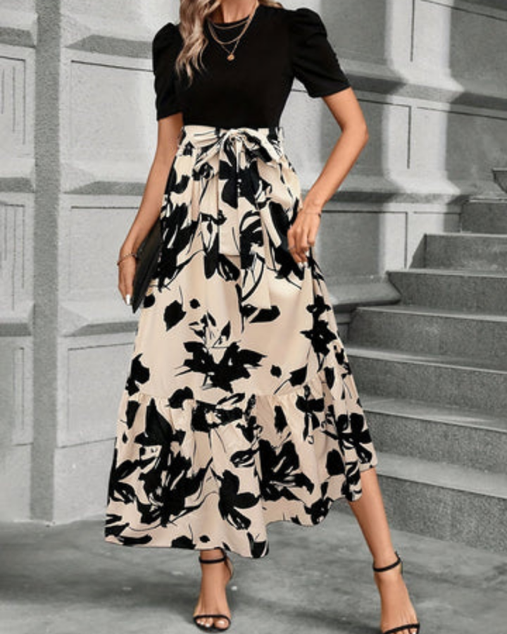 Darcy – Beige Tie-Waist Maxi Dress with Puff Sleeves