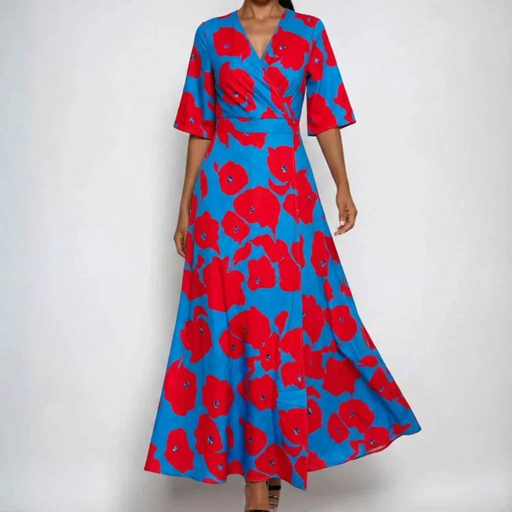 Fiona – Satin Floral Wrap Maxi Dress with Belt
