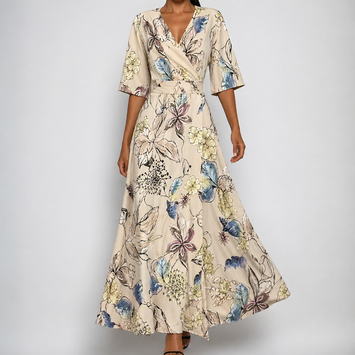 Delilah – Satin Floral Wrap Maxi Dress with Belt
