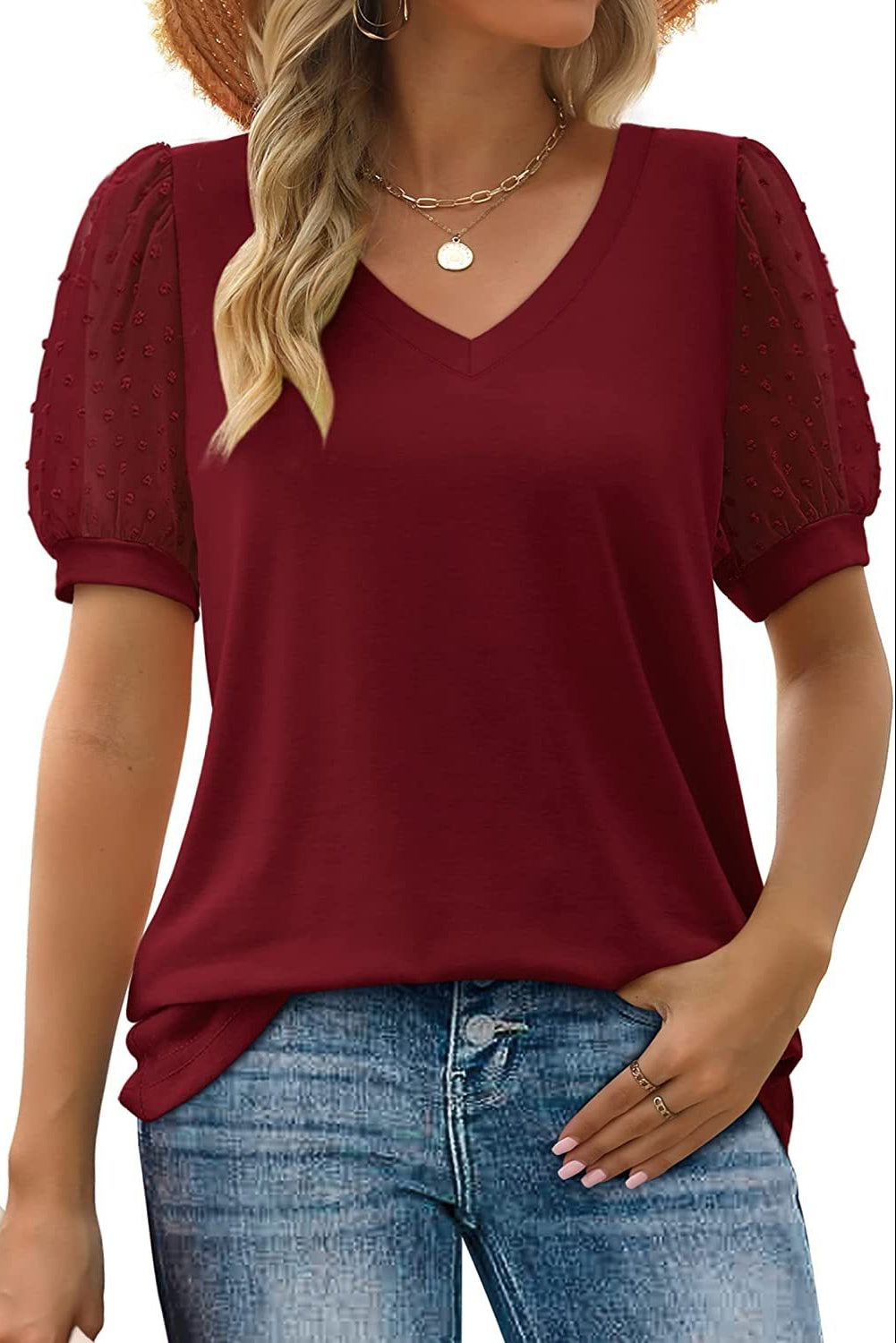 Delilah – Cotton V-Neck Puff Sleeve Mesh Top