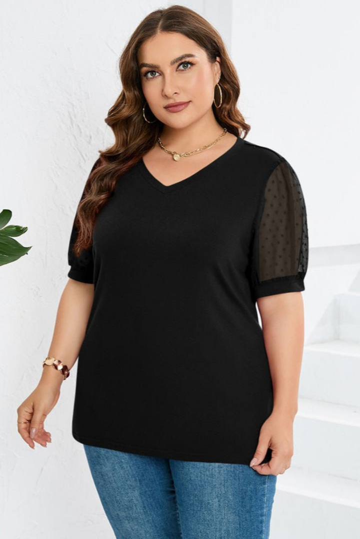 Delilah – Cotton V-Neck Puff Sleeve Mesh Top