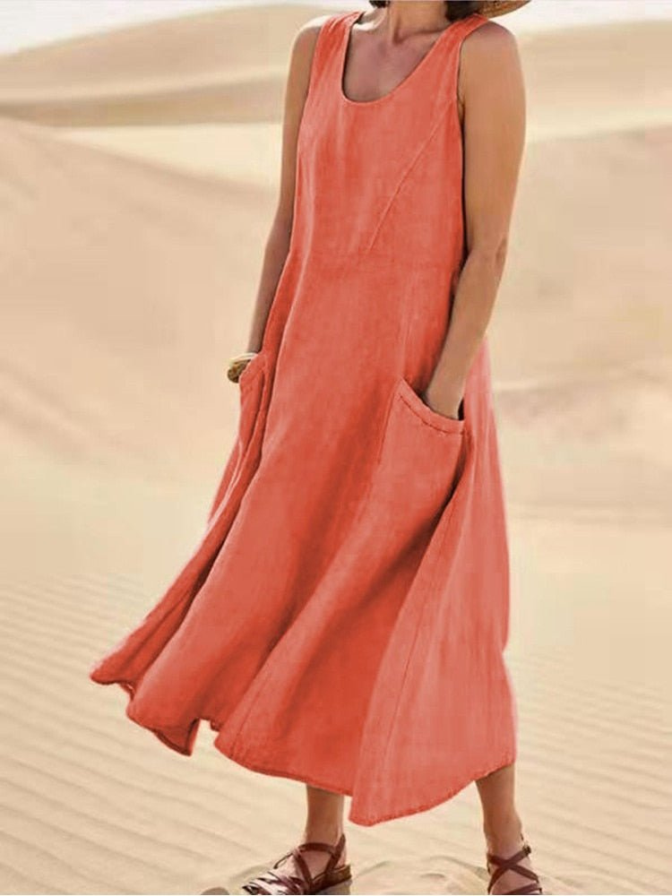 Lila – Sleeveless Linen Midi Dress with Scoop Neck and Pocket