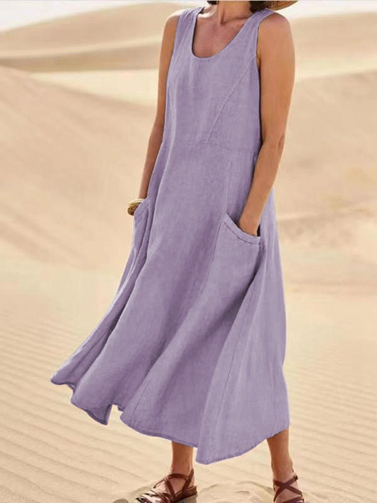 Lila – Sleeveless Linen Midi Dress with Scoop Neck and Pocket