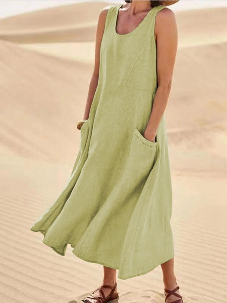 Lila – Sleeveless Linen Midi Dress with Scoop Neck and Pocket