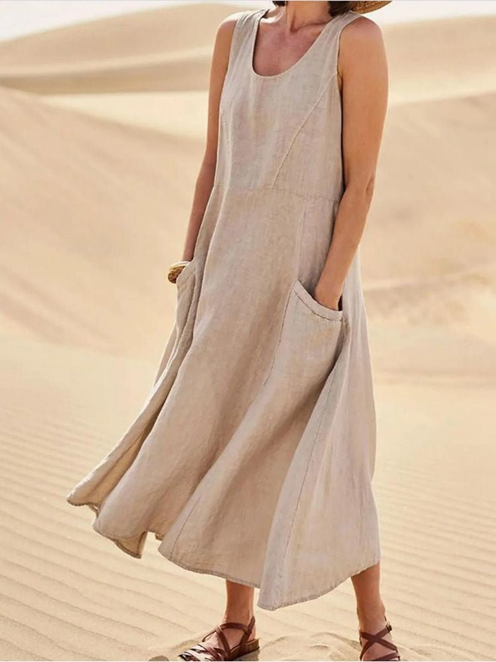 Lila – Sleeveless Linen Midi Dress with Scoop Neck and Pocket