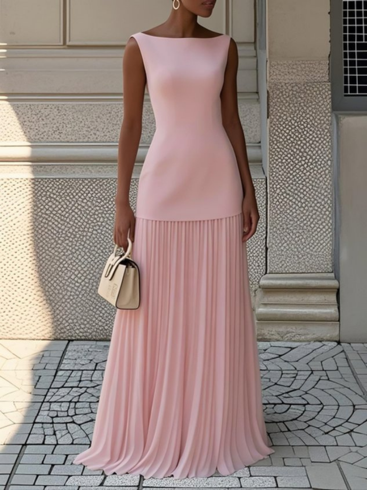 Delilah – Boat Neck Pleated Chiffon Maxi Dress