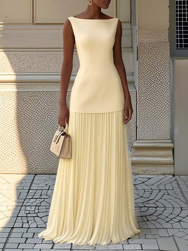 Delilah – Boat Neck Pleated Chiffon Maxi Dress