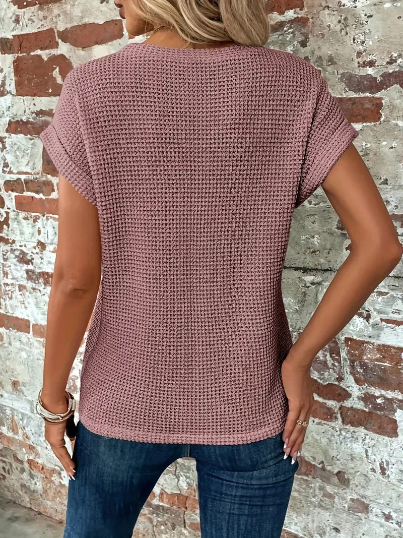 Annabel – Cotton-Blend Waffle Knit Short Sleeve Top