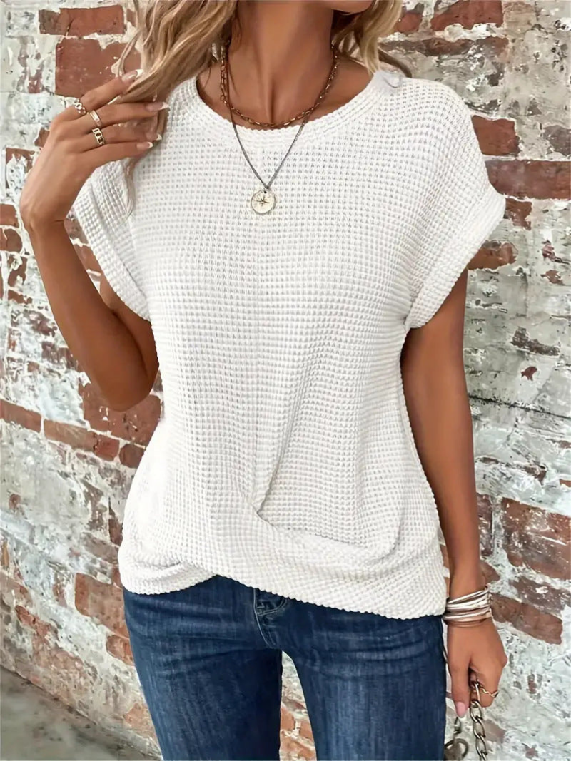 Annabel – Cotton-Blend Waffle Knit Short Sleeve Top