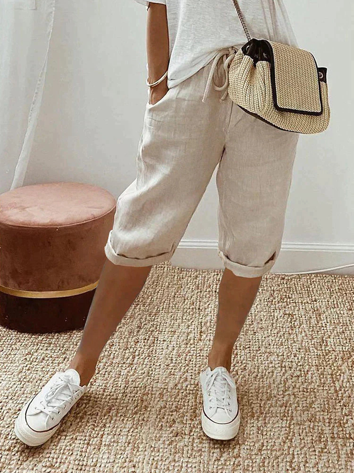 Demi – Linen Drawstring Cropped Bermuda Shorts