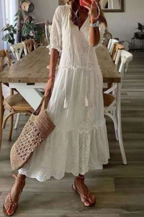 Demi – Cotton Floral Tassel V-Neck Maxi Dress