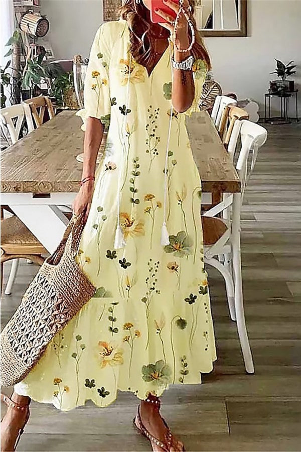 Demi – Cotton Floral Tassel V-Neck Maxi Dress