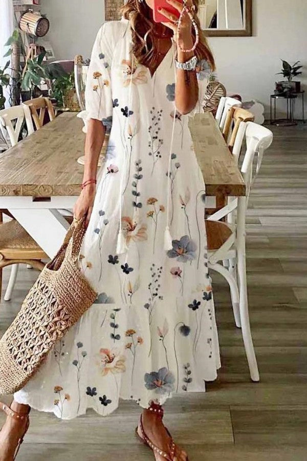 Demi – Cotton Floral Tassel V-Neck Maxi Dress