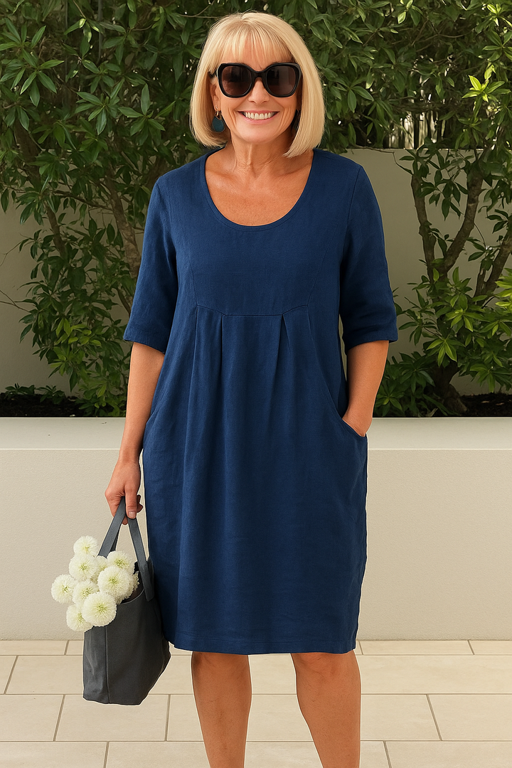 Imogen – Linen Midi Dress with Pleated Bust and Pockets
