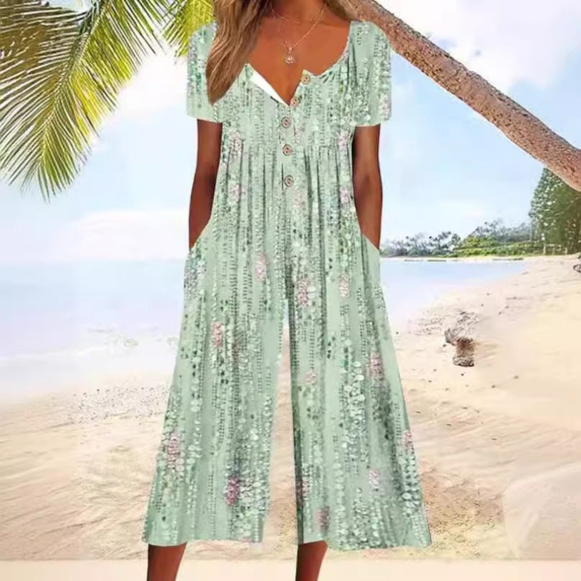 Selena – Cotton Button-Through Short Sleeve Culotte Jumpsuit